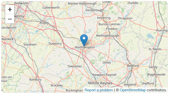 Map showing Northampton and surrounding areas served by Beacon Court Support - Family Court McKenzie Friend services